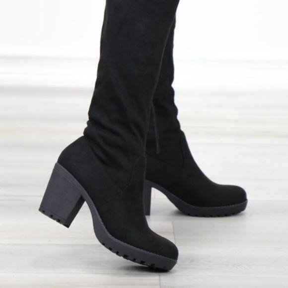 Lug Chunky Heel BlackThigh High Suede Boots - Picture 8 of 15